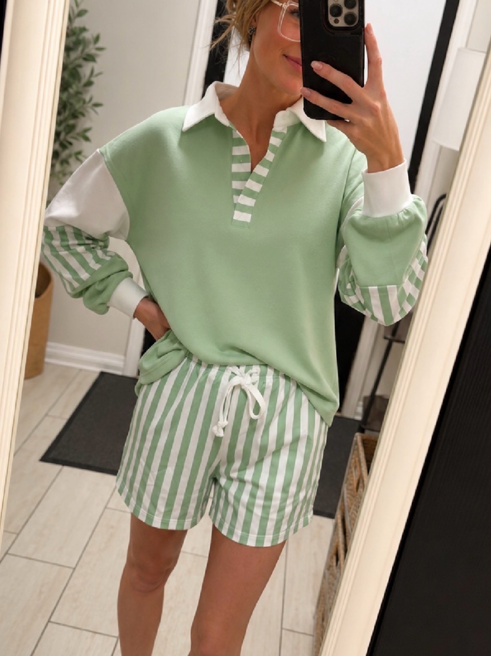 Women’s Mint & White Striped Lounge Set with Polo Collar